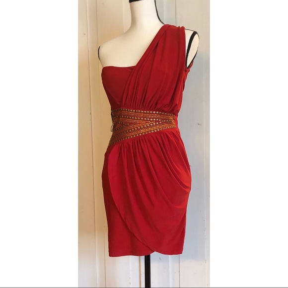 Dresses & Skirts - Red one shoulder mini dress with gold detailing